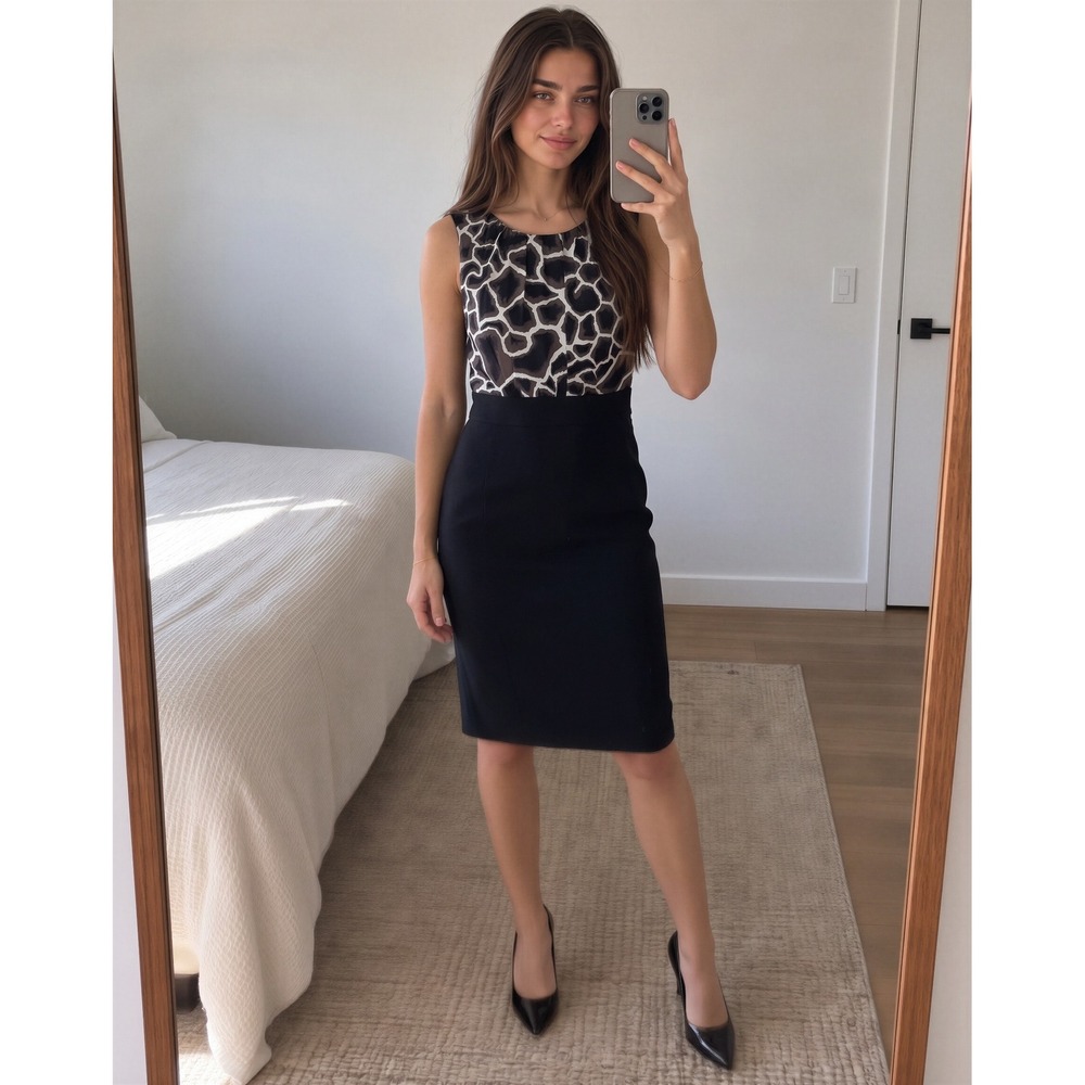 Elie Tahari Silk Sheath Dress 4 Black Pencil Animal Print Classic Chic Luxury